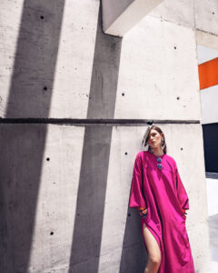 Another architectural principle to steal from the architect—work with contrast. Juxtapose materials, colors and styles to surprise and delight. Oscar de la Renta caftan; AREA earrings; PR SOLO vintage cuffs and hat. Left: Silvia Tcherassi yellow top and skirt; Eugenia Kim hat; Lada Legina 3D Printed bracelet; PR SOLO costume jacket.